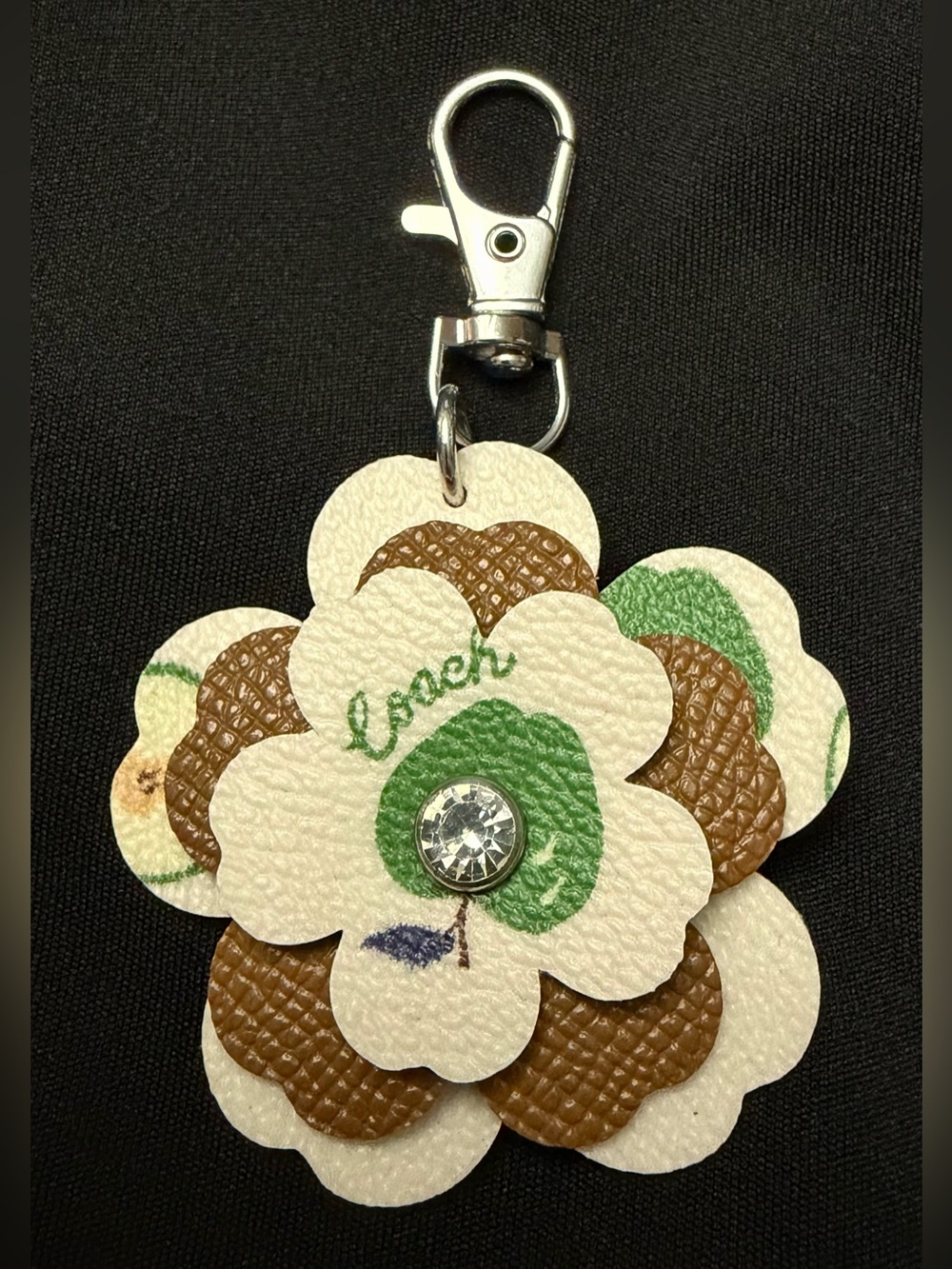 Upcycled COACH 🍏 Floral Leather Keychain with Crystal Accent - Green & Brown